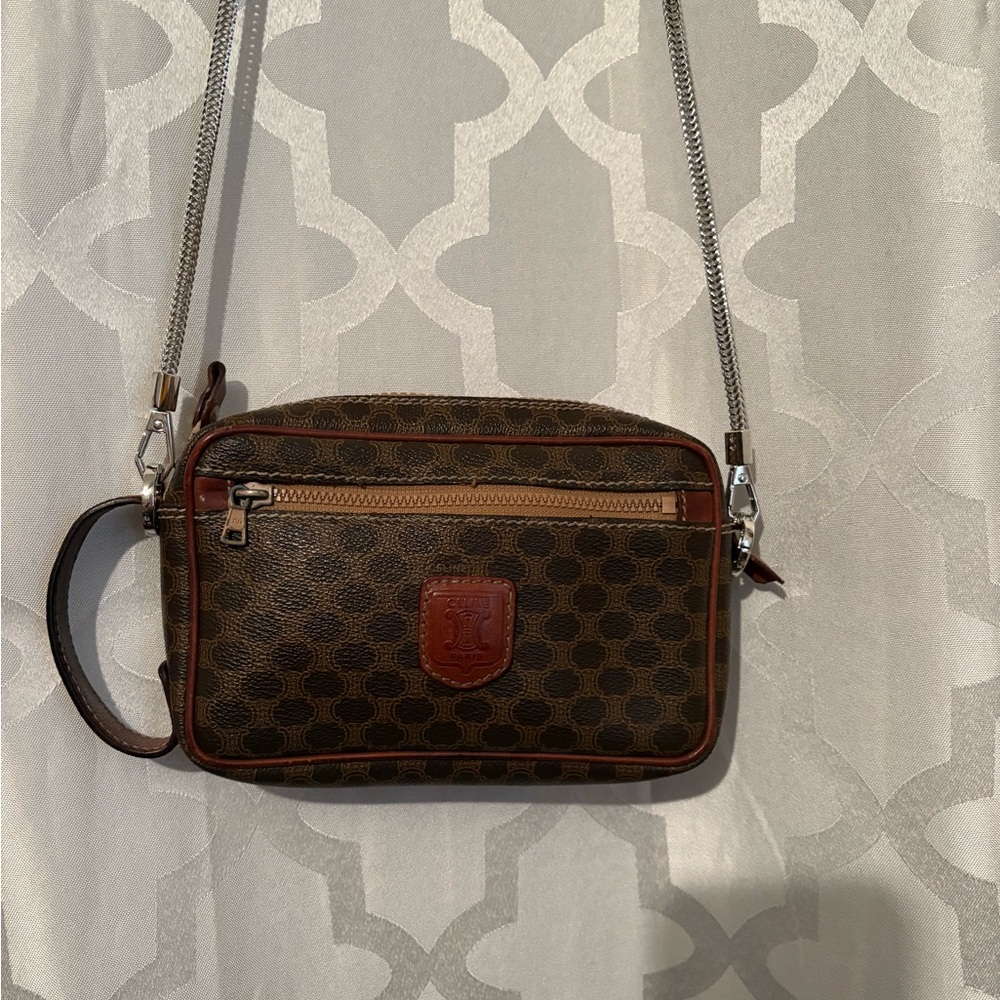 Celine Brown Monogram Leather Trim Crossbody Clutch